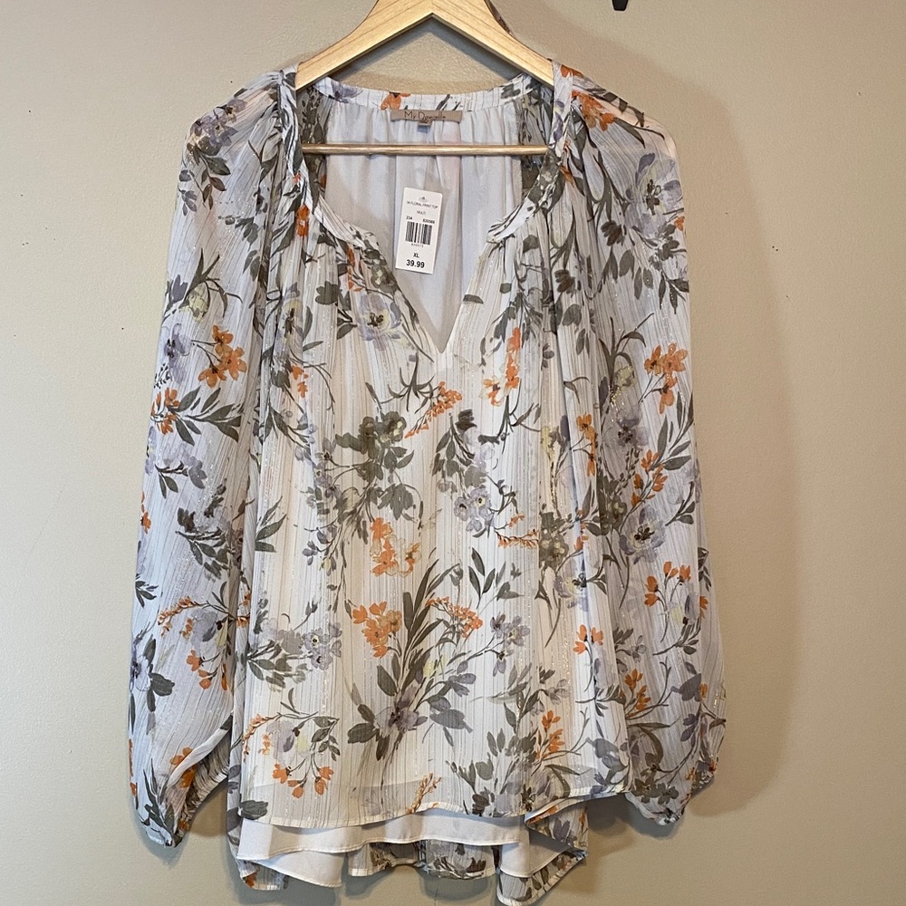 Elegant Floral Blouse - White and Orange